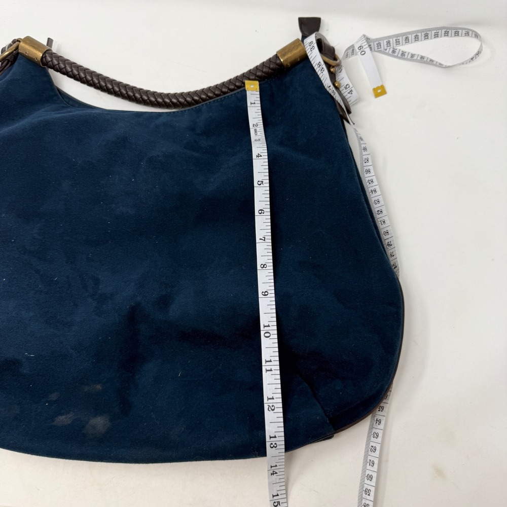 Nine West Navy Blue Faux Suede Hobo Bag Braided Handle Brass Hardware Slouchy - Picture 8 of 12